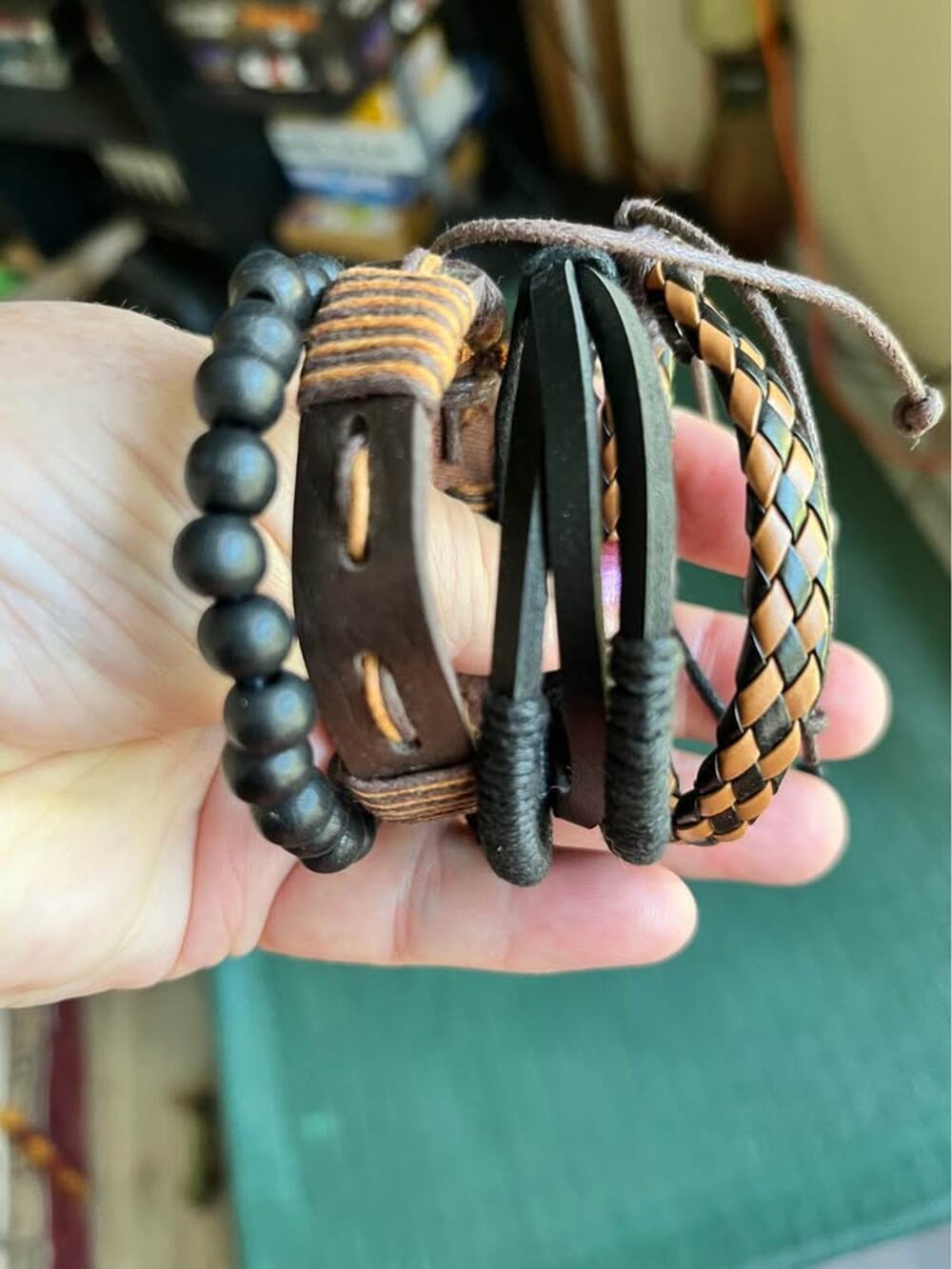 Mens 4pc layered bracelet set w/ beaded, woven, & PU leather strap design